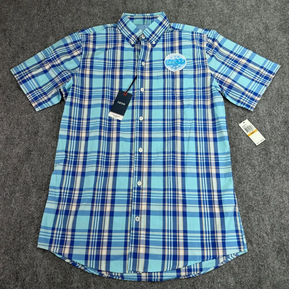 IZOD Shirt Men's Small Gulf Stream Blue Plaid Breeze Cool FX Button Down NWT